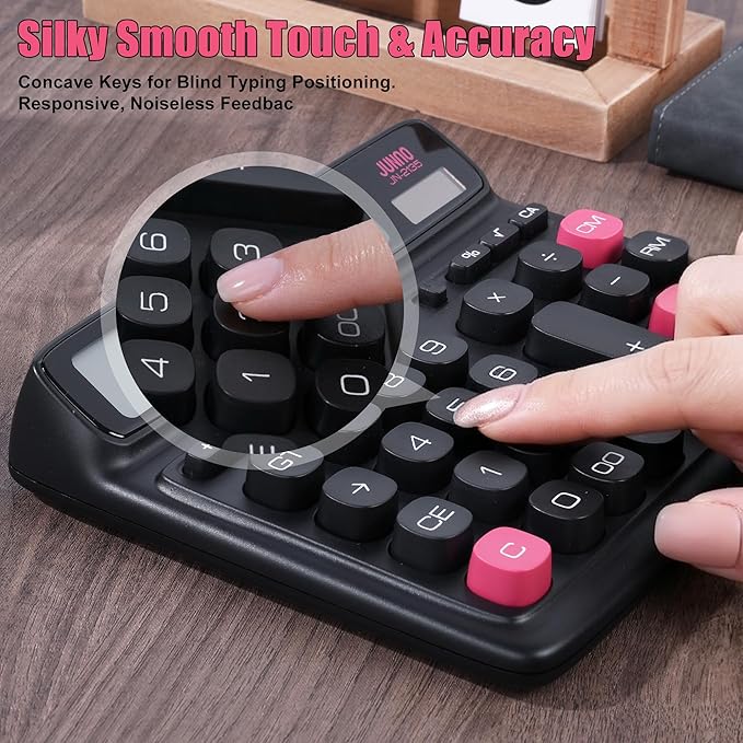 12-Digit Desktop Calculator, Modern Color-Clash Aesthetic Design, Dual Power (Solar & Battery), Ergonomic Tilted Large LCD Display for Office, School and Accounting (Black)