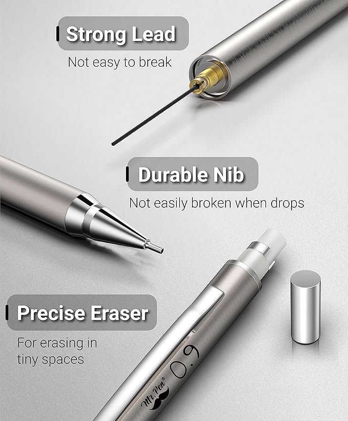 Mr. Pen- Metal Mechanical Pencil Set with Lead Refills & Erasers, 2 Pack, 0.9mm, 4x Tubes 2B Lead Refill, 4x Eraser Refills for School Supplies, Note Taking, Drawing, Sketching, Office