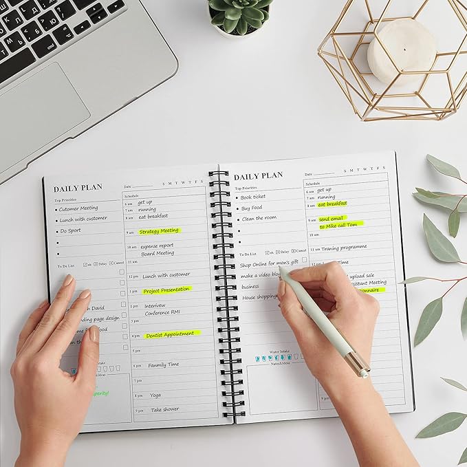 Daily Planner Undated, Asten to Do List Notebook Hourly Schedules Spiral Appointment Planner for Men and Women,PVC Hardcover,Elastic Closure, Inner Pocket 8.3" x 5.8" (Black, 2 Pack)