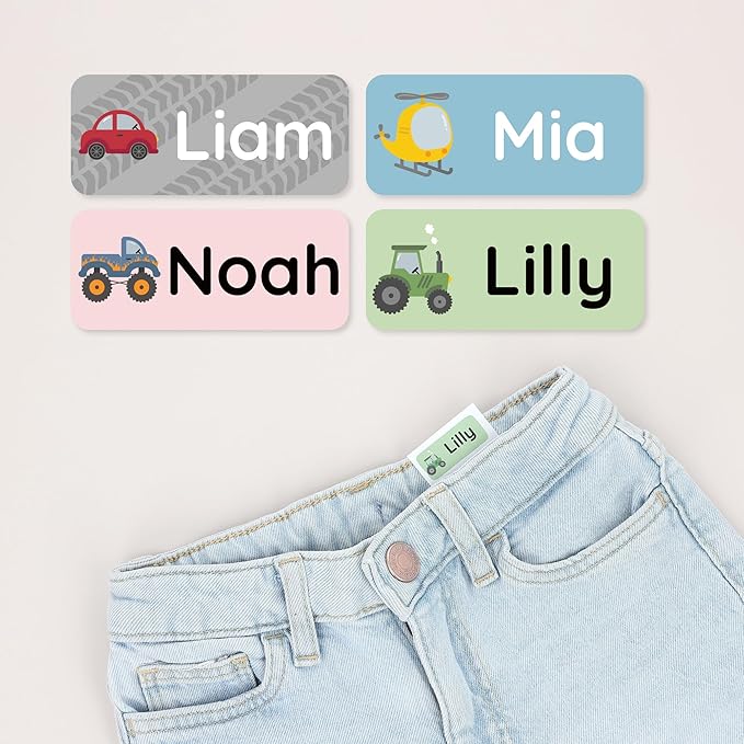 Personalized Name Labels for Kids (60) – Custom Waterproof & Durable Stickers for Clothing, Daycare, Office & School Supplies - Motor