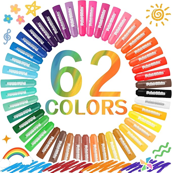 62 Colors Washable Solid Tempera Paint Sticks, Washable Paint Sticks Bulk, Quick Drying, Rainbow Colors Tempera Stick Kids Toddler, Mess Free Art Supplies for Paper Wood Glass Ceramic Canvas