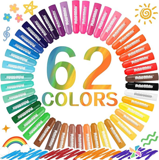 62 Colors Washable Solid Tempera Paint Sticks, Washable Paint Sticks Bulk, Quick Drying, Rainbow Colors Tempera Stick Kids Toddler, Mess Free Art Supplies for Paper Wood Glass Ceramic Canvas