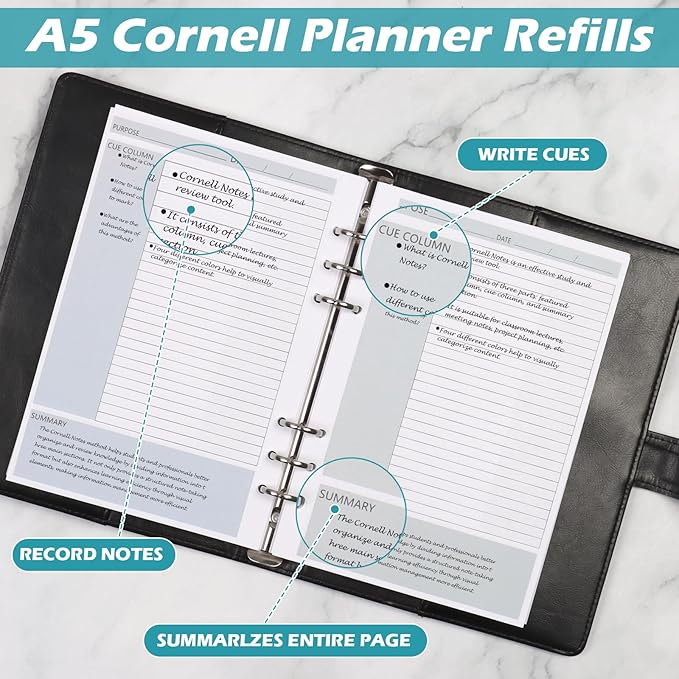 400 Sheet Cornell Notes Refill Paper A5 Planner Inserts for 6 Ring Binder 0.2" Spacing A5 Loose Leaf Cornell Notebook Refills Taking System Filler Paper Bulk for School Office Business 80gsm