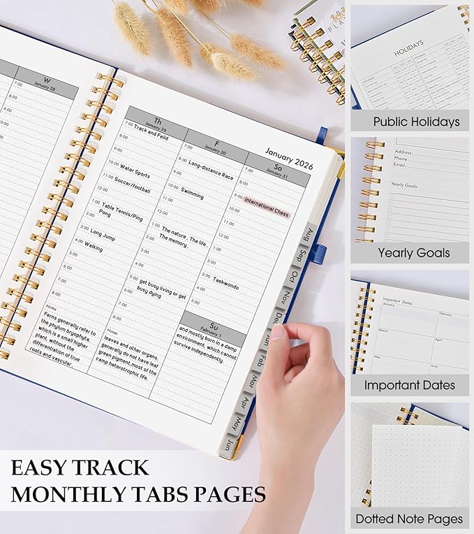 2026 Planner, Weekly and Monthly Calendar Planner from January 2026 - December 2026, 5.75" x 8.38" Hardcover Leather Hourly Appointment Book with Tabs, A5 Spiral Daily Planners for College School Work Home, Navy