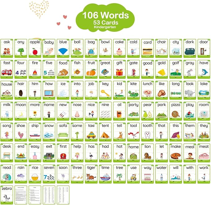 WJPC 55 Cards, 106 PCS High Frequency Sight Words Flash Cards (Kindergarten), Toddler Flash Cards for Kids Ages 4,5,6,7 Years. Learn to Read, Write, Sentence-Making
