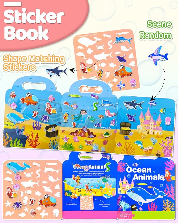 Benresive Reusable Sticker Book for Toddlers, Stickers for Kids, Travel Toys for Arts & Crafts Activities, Birthday Gift for Boys & Girls, Ocean Themes