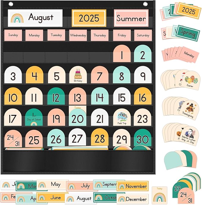 Rainbow Classroom Calendar Pocket Chart with 90 Cards, Monthly Calendar and Weather Pocket Chart for Easy Learning, Calendar Pocket Chart for Classroom, Preschool and Home, 23.5" x 20"