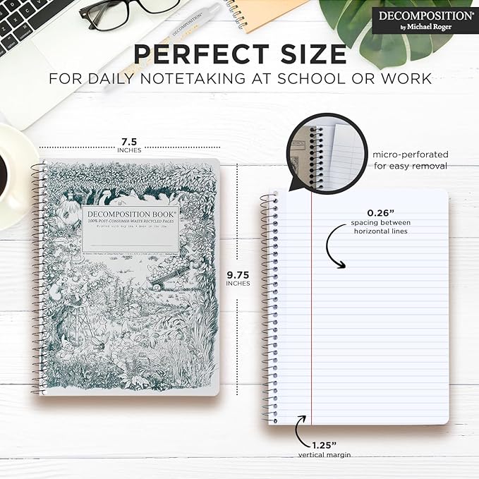 Decomposition Gardening Gnomes College Ruled Spiral Notebook - 9.75 x 7.5 Journal with 160 Lined Pages - 100% Recycled Paper - Cute Notebooks for School Supplies, Home & Office - Made in USA