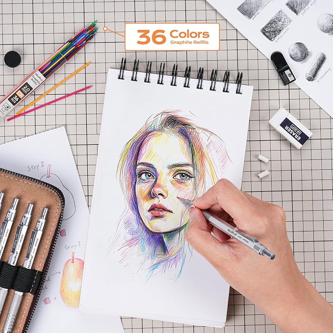Nicpro 20PCS Metal Mechanical Pencil Set in Leather Case | Art Drafting Pencil 0.3/0.5/0.7/0.9/2mm Lead Holders, 9 Tube (4B 2B HB 2H Colors) Lead Refills, Erasers For Sketching Drawing