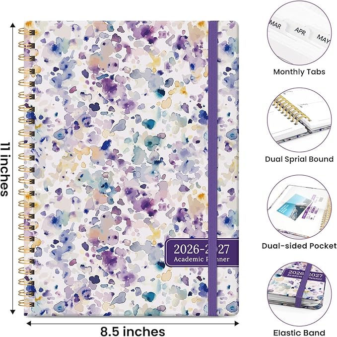 Planner 2026-2027, Academic Planner Weekly and Monthly, Jul 2026 - Jun 2027, Spiral Bound School Planning Tool with Tabs and Pocket, Perfect for Students & Teacher, 8.5" x 11", Purple Blocks