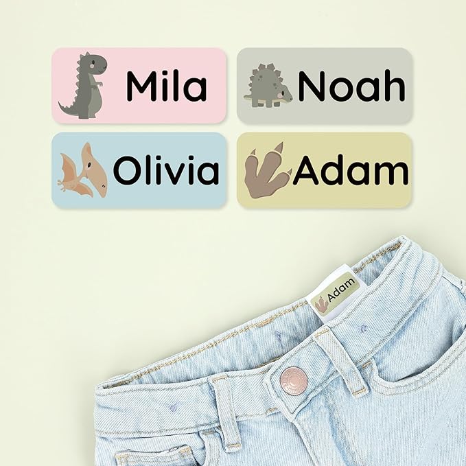 Personalized Name Labels for Kids (120) – Custom Waterproof & Durable Stickers for Clothing, Daycare, Office & School Supplies - Dinosaurs