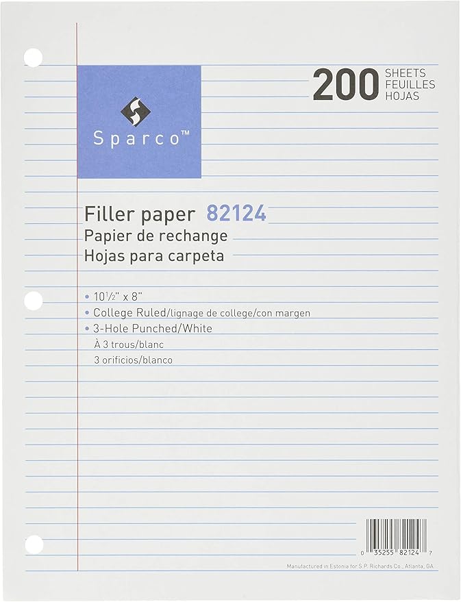 Sparco 82124-Parent Filler Paper, College Ruled, 16lb., 10-1/2 x 8 Inches, 200/Pack, WE