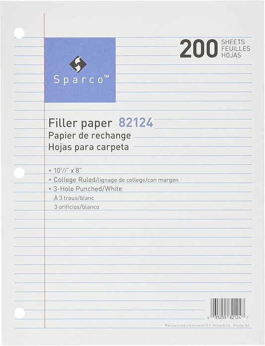Sparco 82124-Parent Filler Paper, College Ruled, 16lb., 10-1/2 x 8 Inches, 200/Pack, WE
