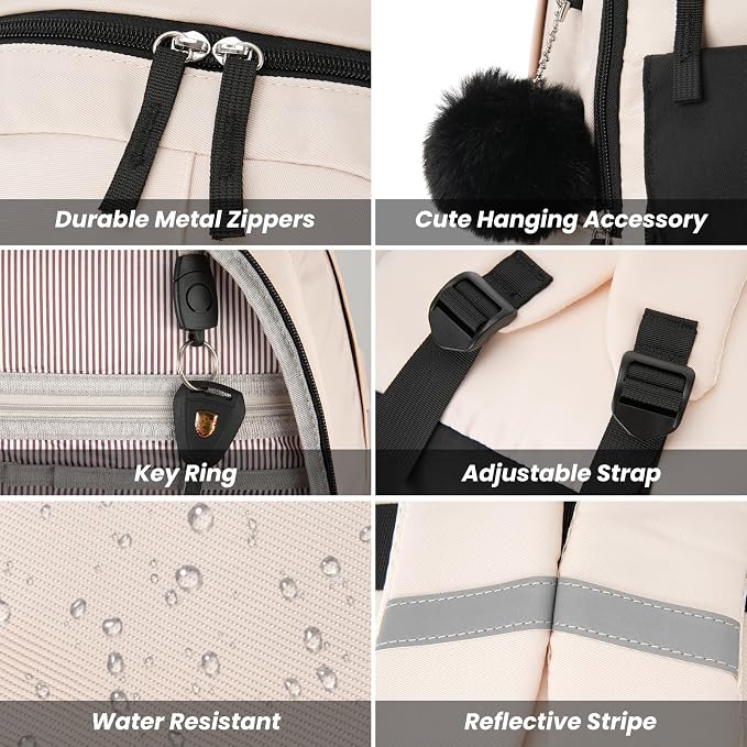 WINDARS School Backpack with Lunch Box for Teen Girls, Cute College Backpacks for Women Students Aesthetic Bookbag Large 15.6 Inch Laptop Bag Middle School Travel Back Pack (Black Beige-3 Pcs)