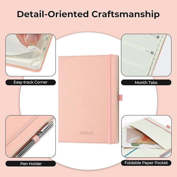 Weekly Monthly 2026-2027 Planner (July 26-Dec 27),8.5"x6.5",18 Months Agenda Plan with Month Tabs & Pocket,Expenses/Note Pages, Academic Calendar with Vegan Leather Cover,Pink