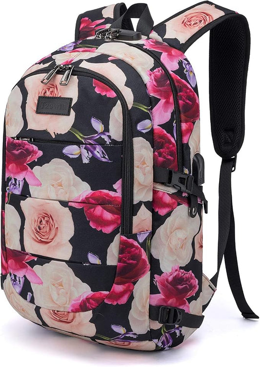 Tzowla Business Laptop Backpack Water Resistant Anti-Theft with USB Charging Port and Lock 15.6 Inch Computer Backpacks for Men, Women, Casual Hiking Travel Daypack (Flower)