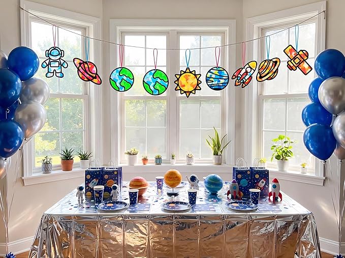 Renbuzhu 48PCS Solar System Space Paper Suncatchers DIY Project Kits, Back to School Window Stained Glass Effect Art Supplies for Party