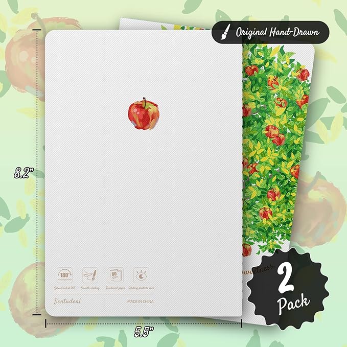 Stitched Composition Notebooks 2-Pack with Unique Art Designed Cover, A5 Lined Diary, Lay Flat Design, 80 Pages Workbooks, Thicked Paper Writes Smoothly for School and Office (Apple Tree)