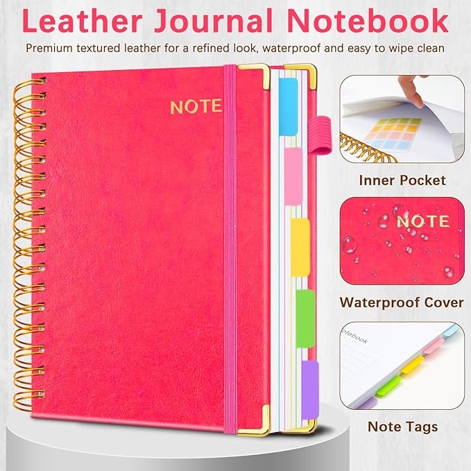 Hardcover Spiral Notebooks for Work 8.5''x 11'', 300 Pages 5 Subject Notebook with Dividers & Tabs, A4 Spiral Journal for Women, College Ruled Notebooks for School Note-Taking (Rose Red)
