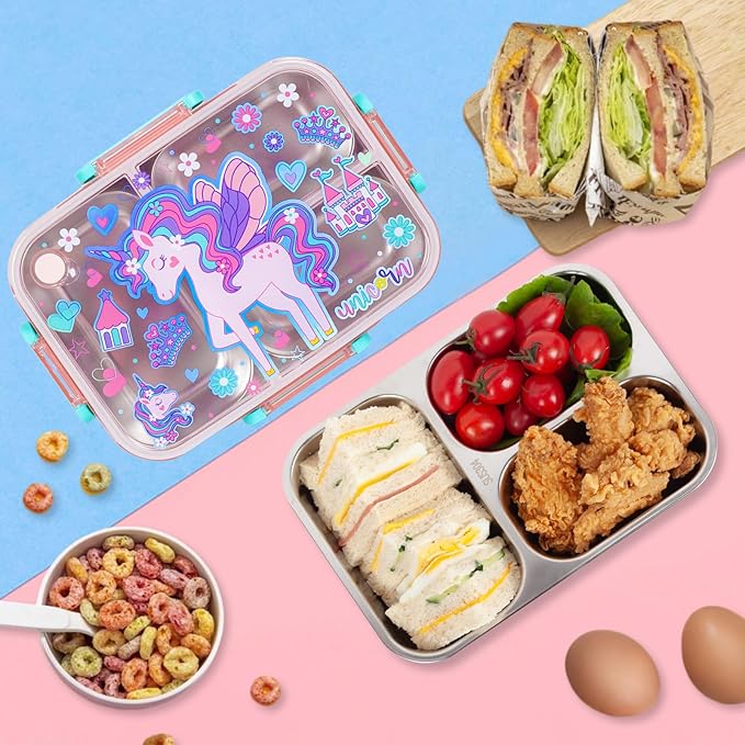 Stainless Steel Bento Lunch Box for Kids, 800ml/27oz BPA-Free Leak-Proof Food Containers with 3 Compartments, Freezer & Dishwasher Safe, Back to School Students Lunches Size for Ages 3-7
