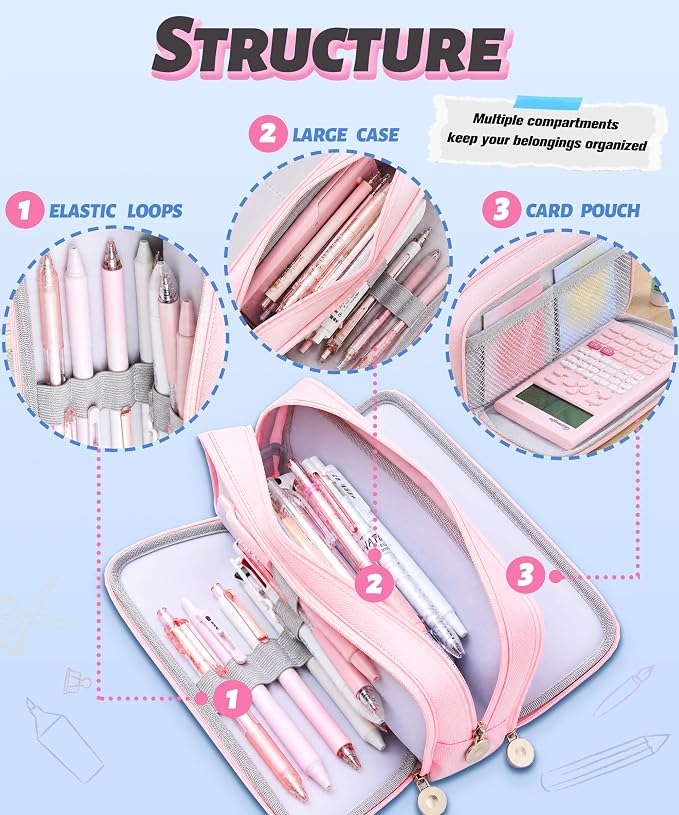 FAHZON Cute Pencil Case, 3 Large Compartments Pencil Pouch, Elastic Pen Slots&Mesh Pockets for Stationery, Pencil Bag for School Supplies with Zipper for Girls Boy Women Teens Adults-Pink