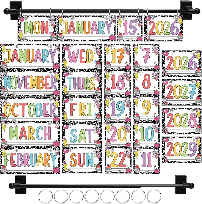 TecUnite Composition Magnetic Adjustable Flip Calendar Bulletin Board Set Back to School Magnetic Rod Calendar Holder 2026-2029 Year Includes 54 Date Cards for Whiteboard Composition Classroom Decor