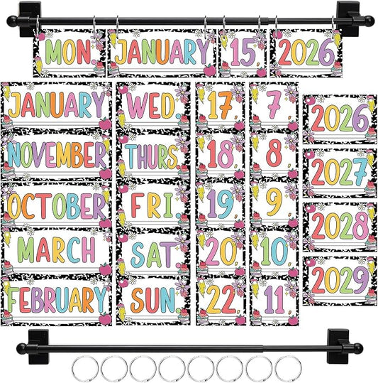 TecUnite Composition Magnetic Adjustable Flip Calendar Bulletin Board Set Back to School Magnetic Rod Calendar Holder 2026-2029 Year Includes 54 Date Cards for Whiteboard Composition Classroom Decor