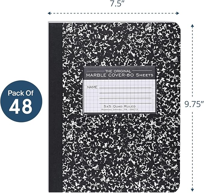 ROARING SPRING Hard Cover Composition Notebook, 48 Pack, Black Marble Comp Book, 9.75″ x 7.5″, 5x5 Grid Graph Ruled, 80 Sheets (160 Pages), Made in USA