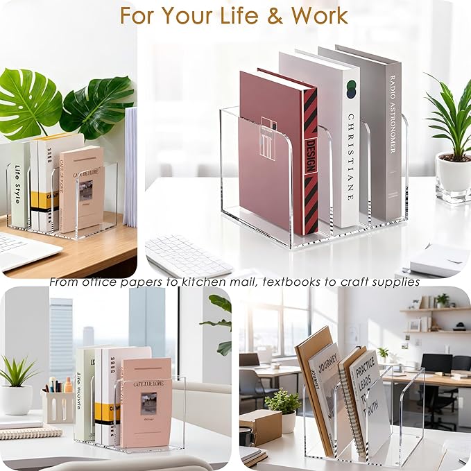 SANRUI Clear Acrylic File Organizer - 3 Compartments Magazine Holder, Vertical File Sorter for Home Office/Classroom/Dorm, Non-Slip Desk File Rack, No Assembly Required, B5 Size