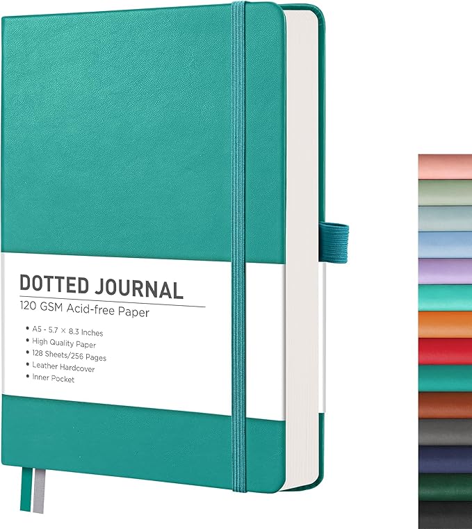 RETTACY Dotted Journal Notebook, 256 Pages, A5 Medium Size (5.7'' × 8.3''), Leather Hardcover, 120 GSM Thick Paper, for Journaling, Planning, Tracking (Cyan)