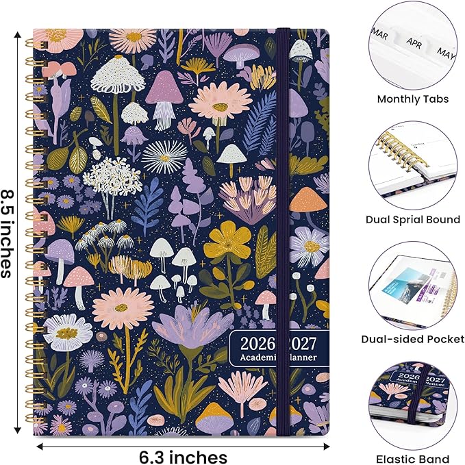 Planner 2026-2027, Hardcover Monthly and Weekly Academic Planner July 2026 - June 2027, Teacher and Student Calendar Agenda Book with Tabs, A5 (6.3" x 8.5"), Ideal for School and Office, Mushroom Garden