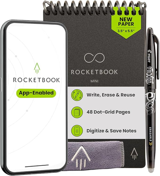 Rocketbook Mini Reusable Smart Notepad, Pocket Size On-The-Go Notebook, 3.5x5.5, Black (Pack of 1)