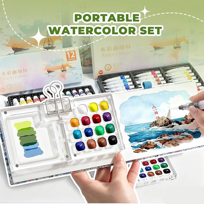 Mini Portable Watercolor Palette Set-Grid Paint Box with Binder Clips Include 12 Colors Paint - Brush*3 and Picture Album Art Materials Coloring Markers for Travel, Creative Drawing Kit for Beginners and Art Enthusiasts((Blue Wood-S)