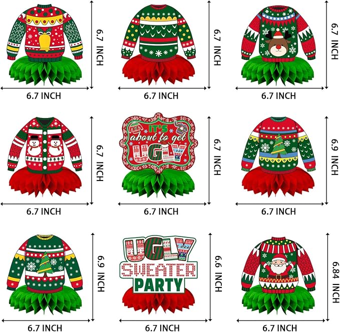 Christmas Ugly Sweater Party Decorations Honeycomb Centerpiece,9Pcs Ugly Sweater Centerpieces for Tables,3D Xmas Table Topper Xmas Table Centerpieces for Merry Christmas Holidays Decoration