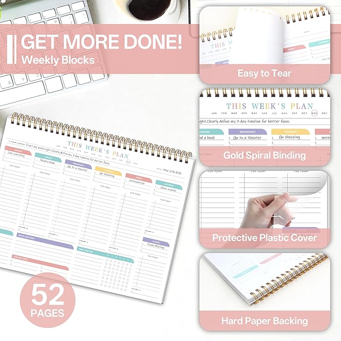 Weekly To Do List Notepad from Monday to Sunday Planning for 1 year, 8.5" x 11" Daily Planner for ADHD, Adults & Teens, Desk Schedule Journal with Habit Tracker for Work, Home, School, and Daily Chores