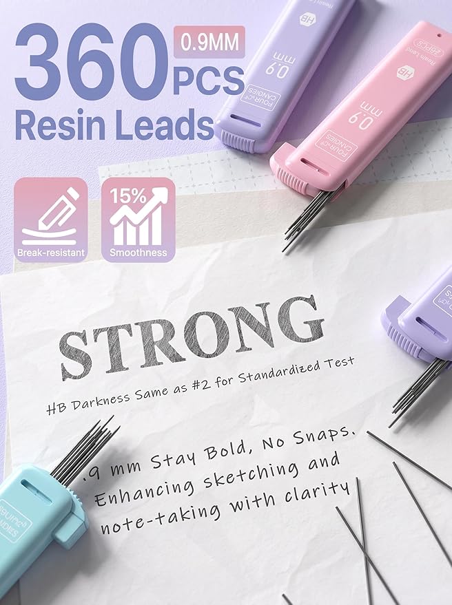 Four Candies 3PCS Cute Mechanical Pencils Set, 0.9mm with 360PCS Thick Leads, Pastel Erasers & Case, Preppy Aesthetic School Supplies for Fast Note-Taking, Bold Sketching and Art Drawing