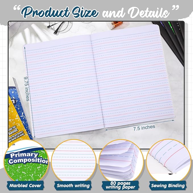 Fulmoon 24 Pack Primary Composition Notebook,Grade K-2 Journal Wide 3 Line Ruled,80 Pages,Marble Cover,7-1/2" x 9-3/4" Primary Writing Notebook for Kindergarten Preschool,1st 2nd Grad (Mix Color)