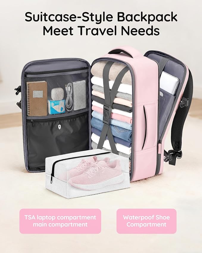 Taygeer Travel Backpack for Women, Travel Personal Item Bag with Shoe Pouch | TSA Approved Under Seat Carry on Backpack with Water Bottle Pocket Fits 15.6inch Laptop, Travel Essentials for Airplanes,Pink