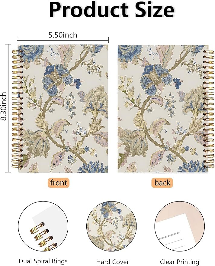Vintage Blue Floral Spiral Notebook, Classic English Cottagecore Floral Journal, Pretty Flower Journal for Women, Traditional Botanical Flower Notebook 5.5x8.3 Inch-371