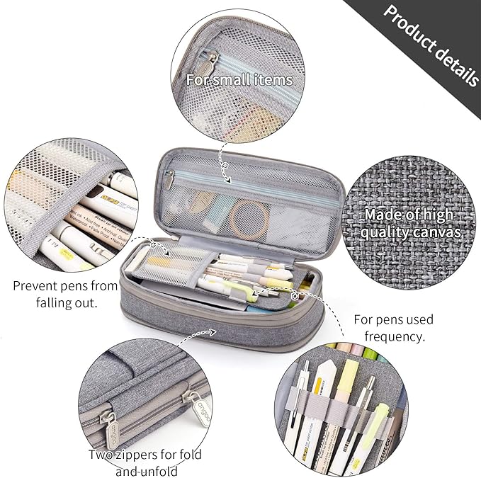 EASTHILL Big Capacity Pencil Pen Case Office College School Large Storage High Capacity Bag Pouch Holder Box Organizer (Gray)