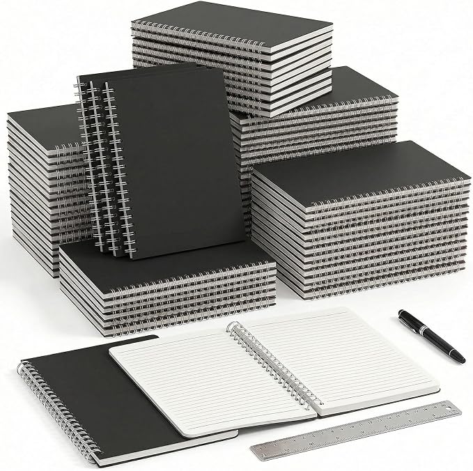 48 Packs Lined A5 Spiral Notebook, 8.3 x 5.5 In, Journals Bulk 120 Pages/60Sheets, Hardcover Spiral A5 Notebook Journal, Kraft Travel Notebooks Bulk for Work School Business Office (48 Packs, Black)
