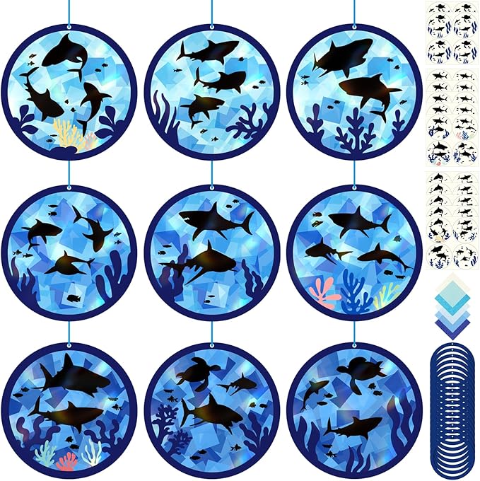 48PCS Summer Crafts: Paper Shark Suncatchers DIY Kits, Window Stained Glass Effect Art Supplies