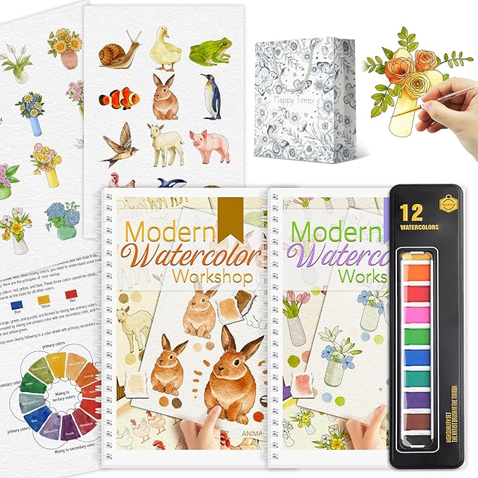 2Pcs Watercolor Workbook Beginner-Friendly Watercolor Workbook with Step by Step for Adults for Adults with 12 Colors Paint, Beginner Watercolor Painting Kit Watercolor Paper Valentine's Day Gift