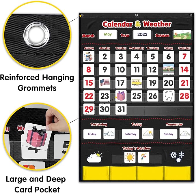 Calendar and Weather Pocket Chart, Classroom Organized Chart, 149 Pieces (Black)