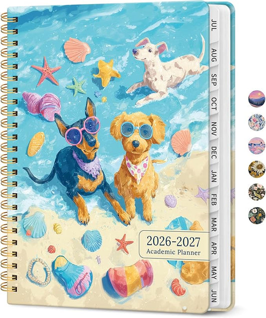 Planner 2026–2027, Academic Monthly Weekly Spiral Calendar, July 2026 – June 2027, Hardcover Agenda Notebook with Tabs, 6.3" x 8.5", Perfect for Students, Teachers, School & Daily Planning - Beach Pups