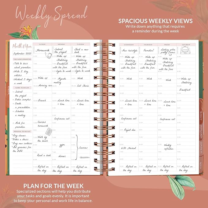 PLANBERRY Hourly Schedule Planner Premium – Undated Weekly Organizer with Time Slots & Monthly Budget – Time Management, Goal Setting, to-Do List & Habit Tracker –6.9″x8.5″(African Terracotta)