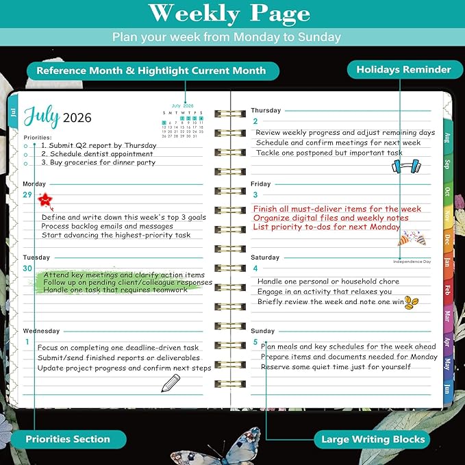 Planner 2026-2027 - Weekly & Monthly Planner, Jul 2026-Jun 2027, Academic Planner 26-27, 6.4"×8.5", Tabs, Thick Paper, Twin-Wire Binding, Back Pocket, Inspirational Quotes for Office Home School