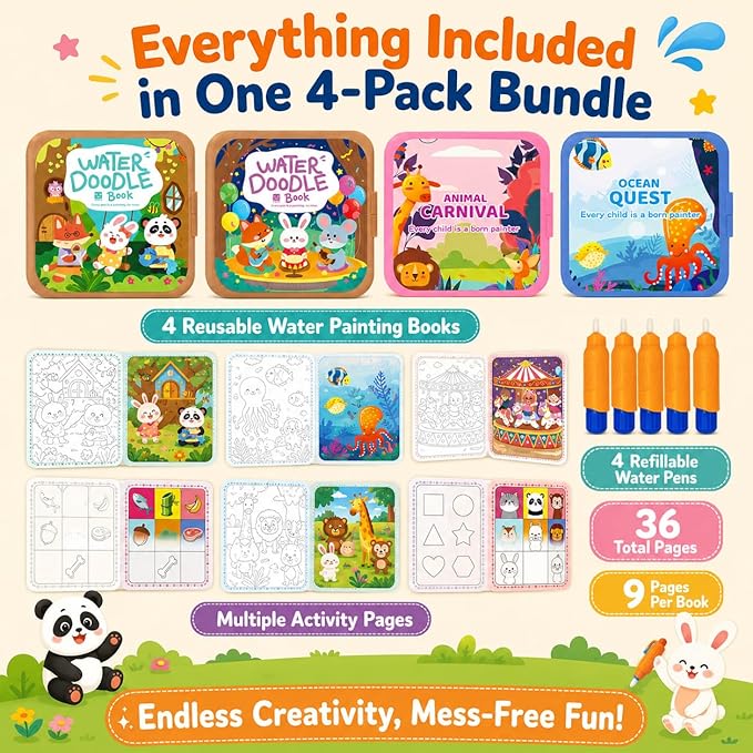 Water Painting Book for Kids 4 Pack - Reusable Magic Water Coloring Books with 4 Water Pens, 36 Pages Mess-Free Art Activity Toys for Toddlers Ages 3-5, Travel Toys Educational Learning Gifts