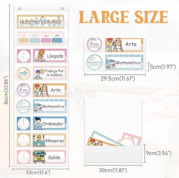 Daily Schedule Pocket Chart, Visual Schedule with 42 Reusable Dry-Eraser Cards, Visual Schedule for Kids, Classroom Schedule, Suitable for Classroom, Office, Home, Pre-School Education, Spanish