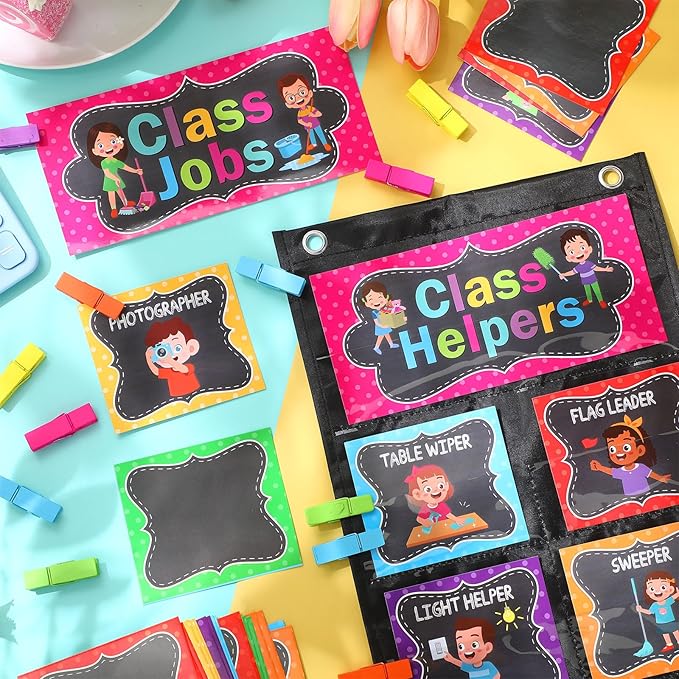 Pasimy Class Jobs Pocket Chart Class Helpers Pocket Chart Classroom Jobs Cards with Clips and Hooks Teacher Helper Bulletin Board Set for Back to School Classroom Teacher Supplies(Chalkboard Bright)